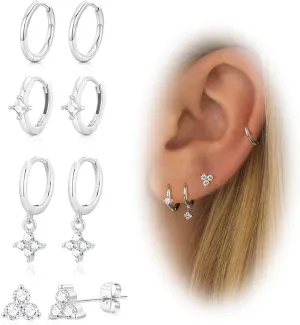 Gold Cartilage Earrings for Women, Silver Dangle Cubic Zirconia Huggie Hoop Earring Stacks Set for Multiple Piercing, Hypoallergenic Surgical Steel Small Dainty Flower Helix Jacket Stud Earrings