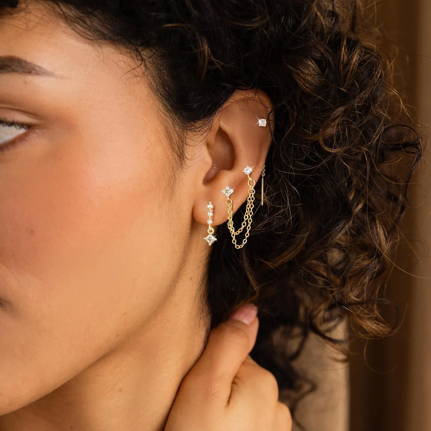 Gold Chain Earrings for Women Dainty Long Dangle Earrings Set, Trendy Hoop Cubic Zirconia Stud Earring Stack, Hypoallergenic Drop Earrings Jewelry for Womens 3 Pairs
