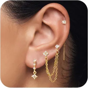Gold Chain Earrings for Women Dainty Long Dangle Earrings Set, Trendy Hoop Cubic Zirconia Stud Earring Stack, Hypoallergenic Drop Earrings Jewelry for Womens 3 Pairs