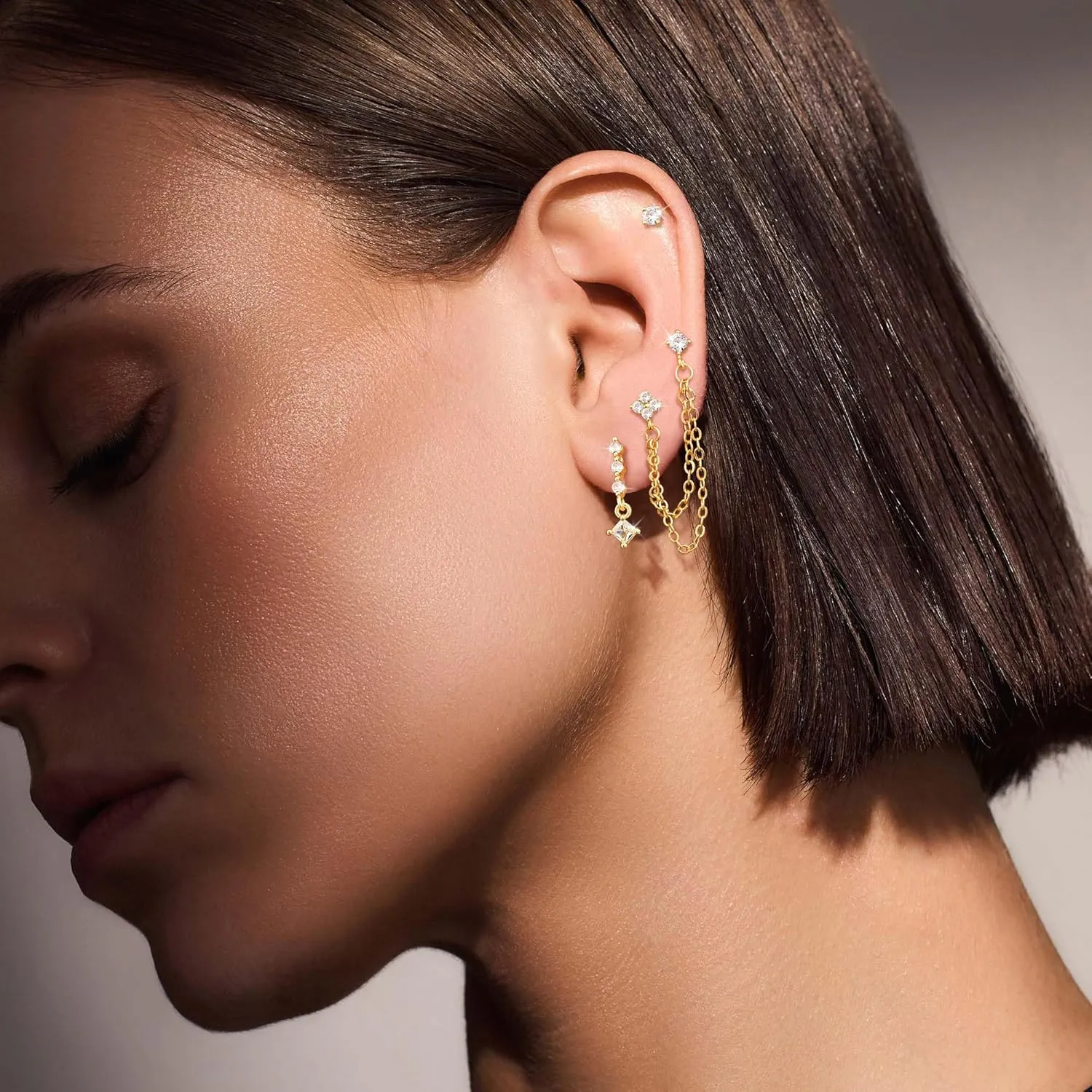 Gold Chain Earrings for Women Dainty Long Dangle Earrings Set, Trendy Hoop Cubic Zirconia Stud Earring Stack, Hypoallergenic Drop Earrings Jewelry for Womens 3 Pairs