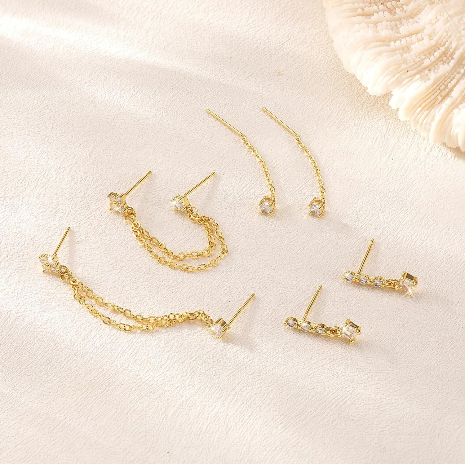 Gold Chain Earrings for Women Dainty Long Dangle Earrings Set, Trendy Hoop Cubic Zirconia Stud Earring Stack, Hypoallergenic Drop Earrings Jewelry for Womens 3 Pairs