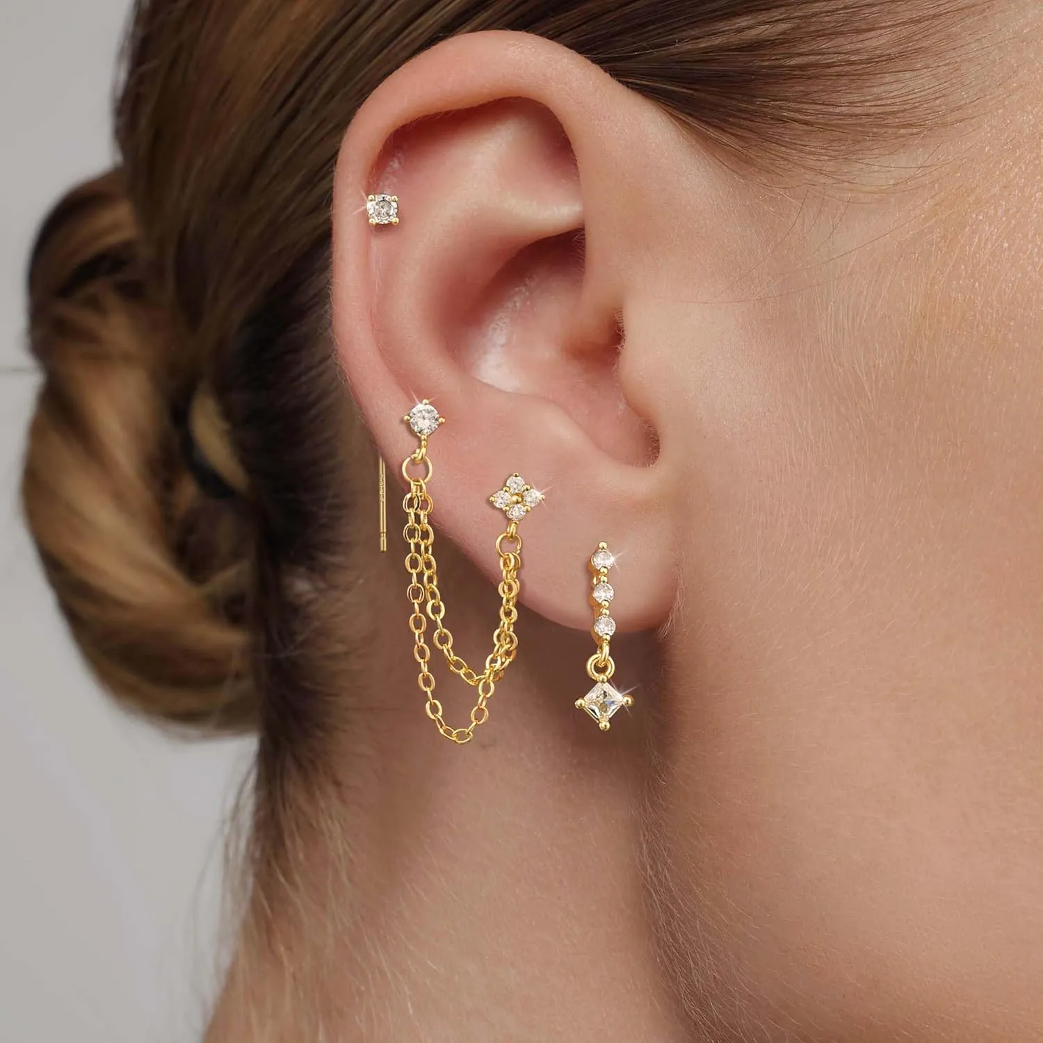 Gold Chain Earrings for Women Dainty Long Dangle Earrings Set, Trendy Hoop Cubic Zirconia Stud Earring Stack, Hypoallergenic Drop Earrings Jewelry for Womens 3 Pairs