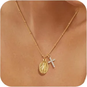 Gold Cross Necklace for Women - 14k Gold Plated Virgin Mary Pendant Necklaces,Hypoallergenic Non Tarnish Golden Cubic Zirconia Catholic Virgen de Guadalupe Jewelry,Religious Faith Baptism Gift for Her
