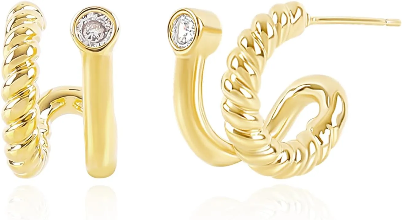 Gold Double Hoop Earrings for Women 14K Gold Plated Spiral Twist Earrings with Cubic Zirconia Double Hoop Earrings for Single Piercing Open Hoop Earrings for One Hole Trendy Jewelry Gift for Women
