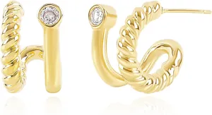 Gold Double Hoop Earrings for Women 14K Gold Plated Spiral Twist Earrings with Cubic Zirconia Double Hoop Earrings for Single Piercing Open Hoop Earrings for One Hole Trendy Jewelry Gift for Women