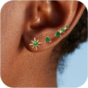Gold Green Stud Earrings for Women, Emerald Green Earrings Hypoallergenic, CZ Studs Dangle/Crawler Earring for Multiple Piercing, Emerald Birthstone Jewelry Gifts for Women/Mom/Wife
