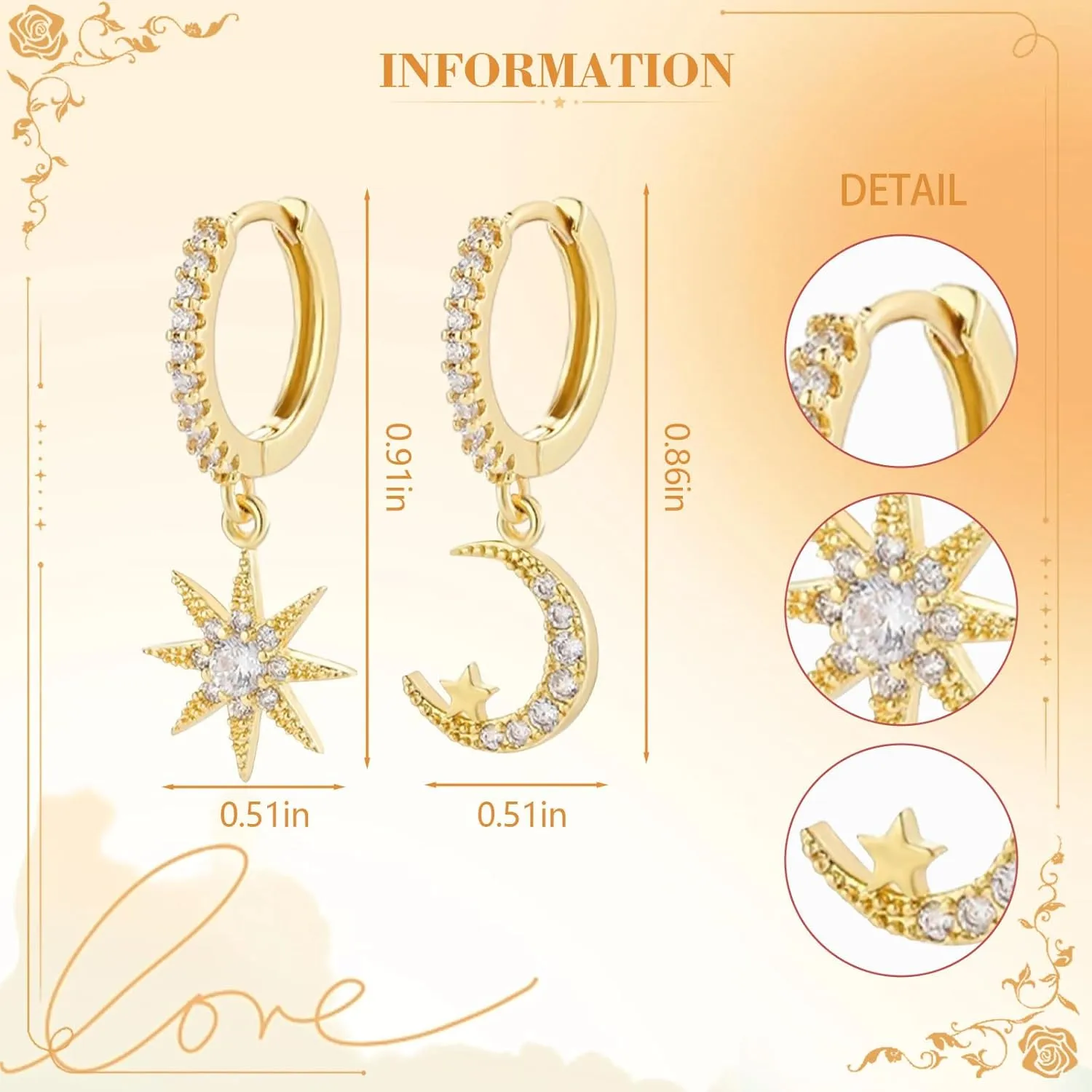 Gold Hoop Earrings for Women 14K Gold Plated Huggie Hoop Earring Diamond Cut Cubic Zirconia Star Moon Huggie Earrings Hypoallergenic Dangle Earrings Jewelry Gift for Girls and Lad (Star and Moon-Gold)