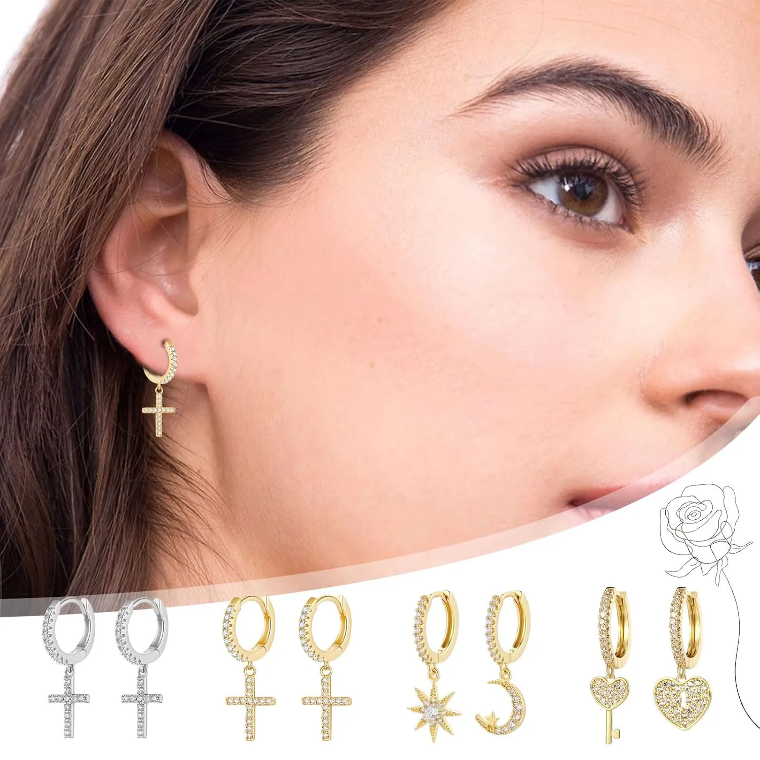 Gold Hoop Earrings for Women 14K Gold Plated Huggie Hoop Earring Diamond Cut Cubic Zirconia Star Moon Huggie Earrings Hypoallergenic Dangle Earrings Jewelry Gift for Girls and Lad (Star and Moon-Gold)