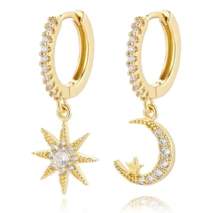 Gold Hoop Earrings for Women 14K Gold Plated Huggie Hoop Earring Diamond Cut Cubic Zirconia Star Moon Huggie Earrings Hypoallergenic Dangle Earrings Jewelry Gift for Girls and Lad (Star and Moon-Gold)
