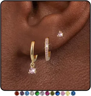 Gold Hoop Earrings for Women Trendy, 14k Gold Plated Birthstone CZ Dangle Huggie Earrings for Multiple Piercing Hypoallergenic,Small Hoop Stud Earrings Stacks Set Birthday Gifts Non Tarnish Jewelry
