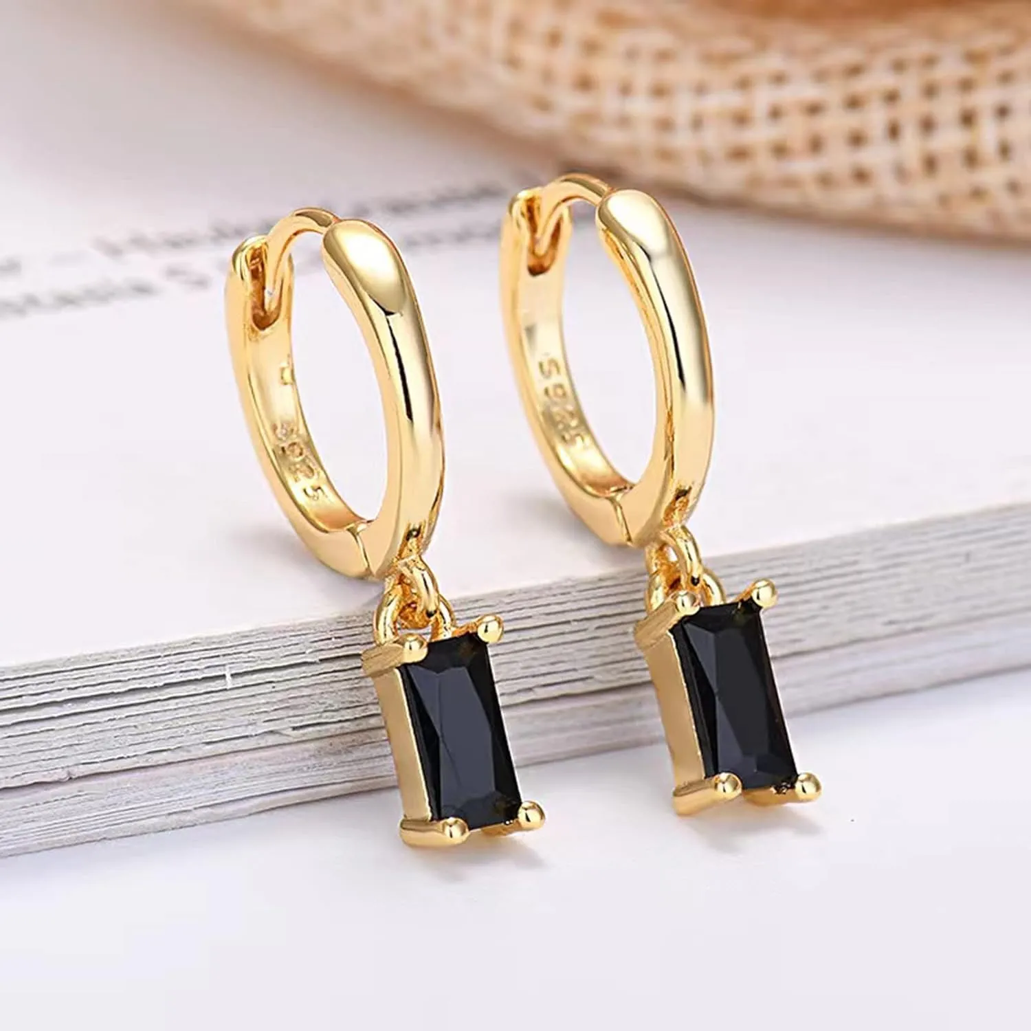 Gold Hoop Earrings With Green Drop, Huggie Hoops For Women & Men - 14K Gold, Hypoallergenic - 2PCS
