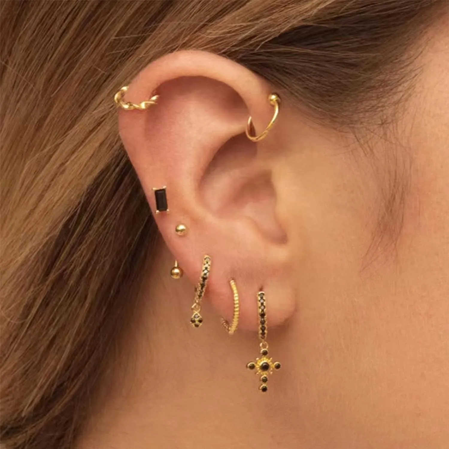 Gold Hoop Earrings With Green Drop, Huggie Hoops For Women & Men - 14K Gold, Hypoallergenic - 2PCS