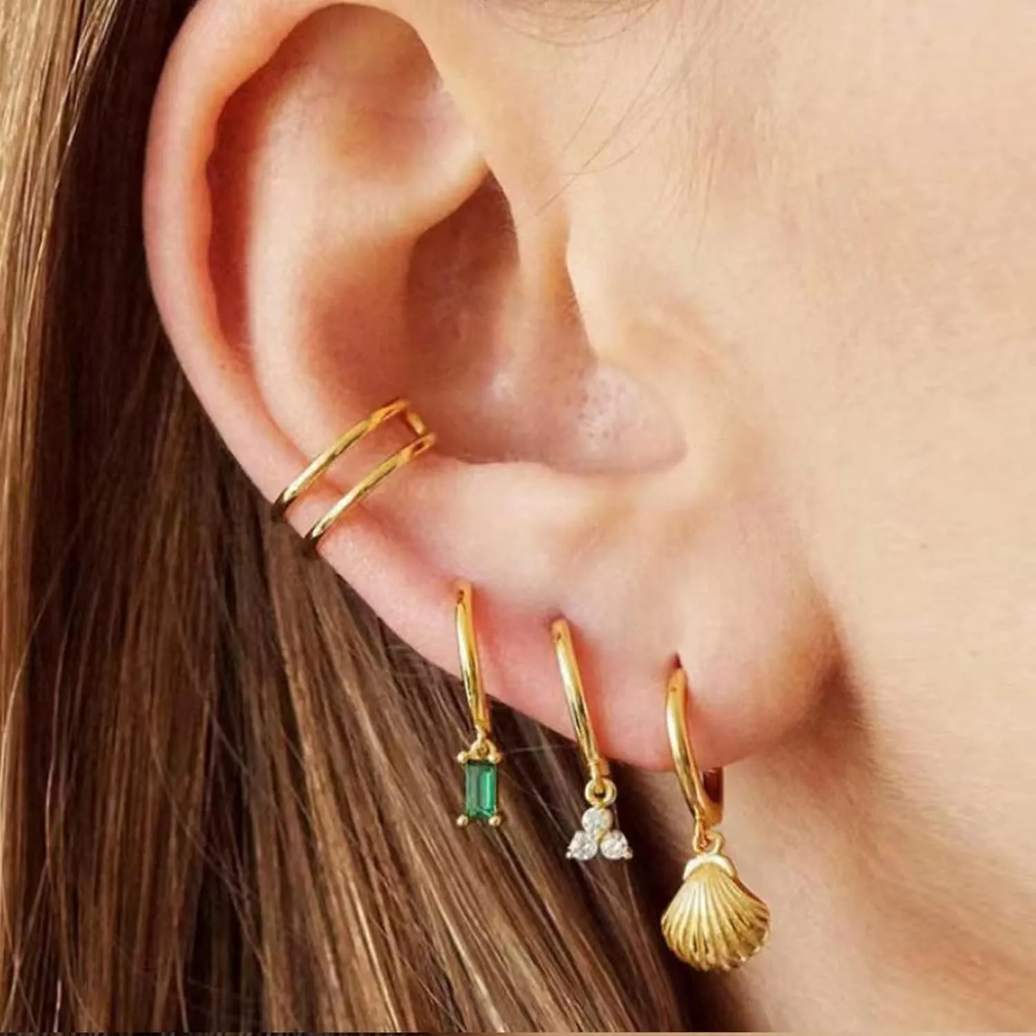 Gold Hoop Earrings With Green Drop, Huggie Hoops For Women & Men - 14K Gold, Hypoallergenic - 2PCS