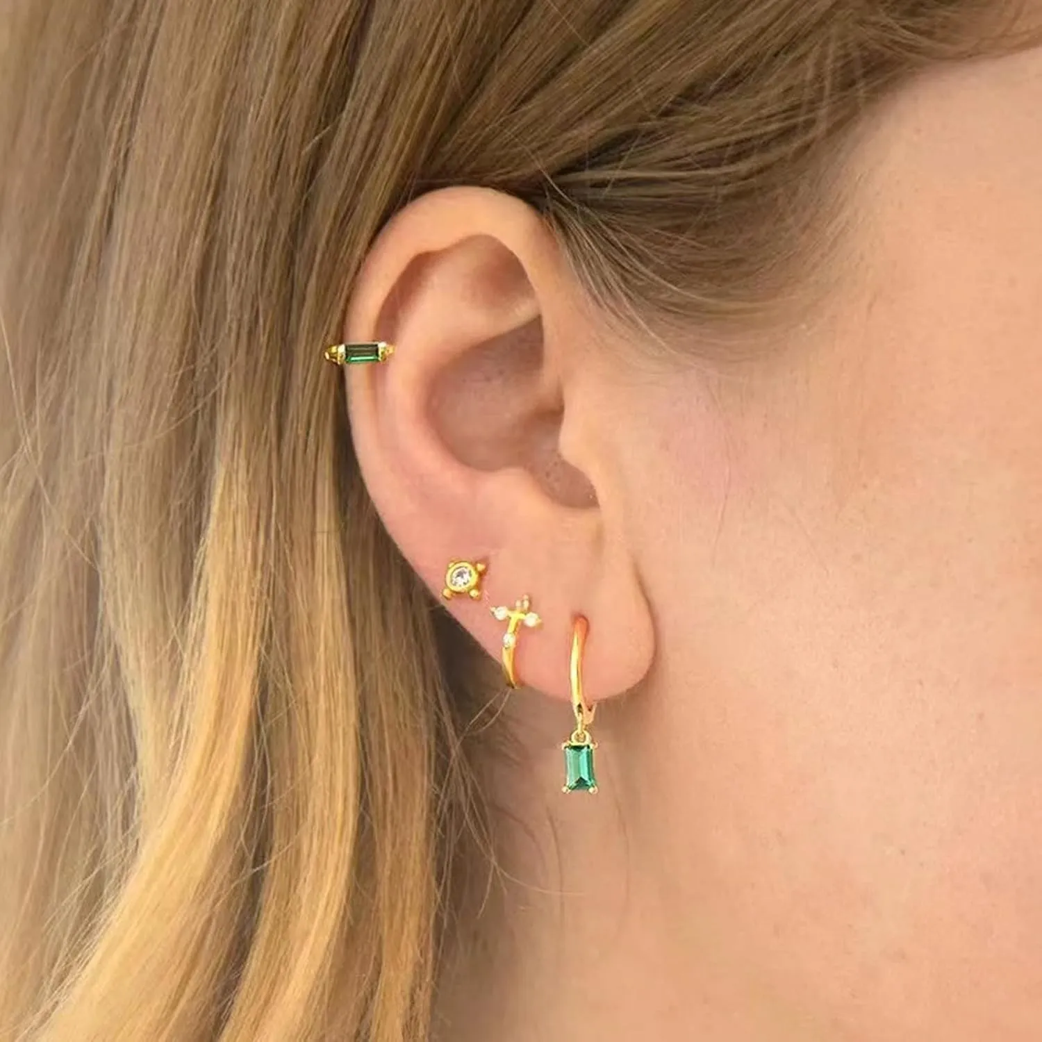 Gold Hoop Earrings With Green Drop, Huggie Hoops For Women & Men - 14K Gold, Hypoallergenic - 2PCS