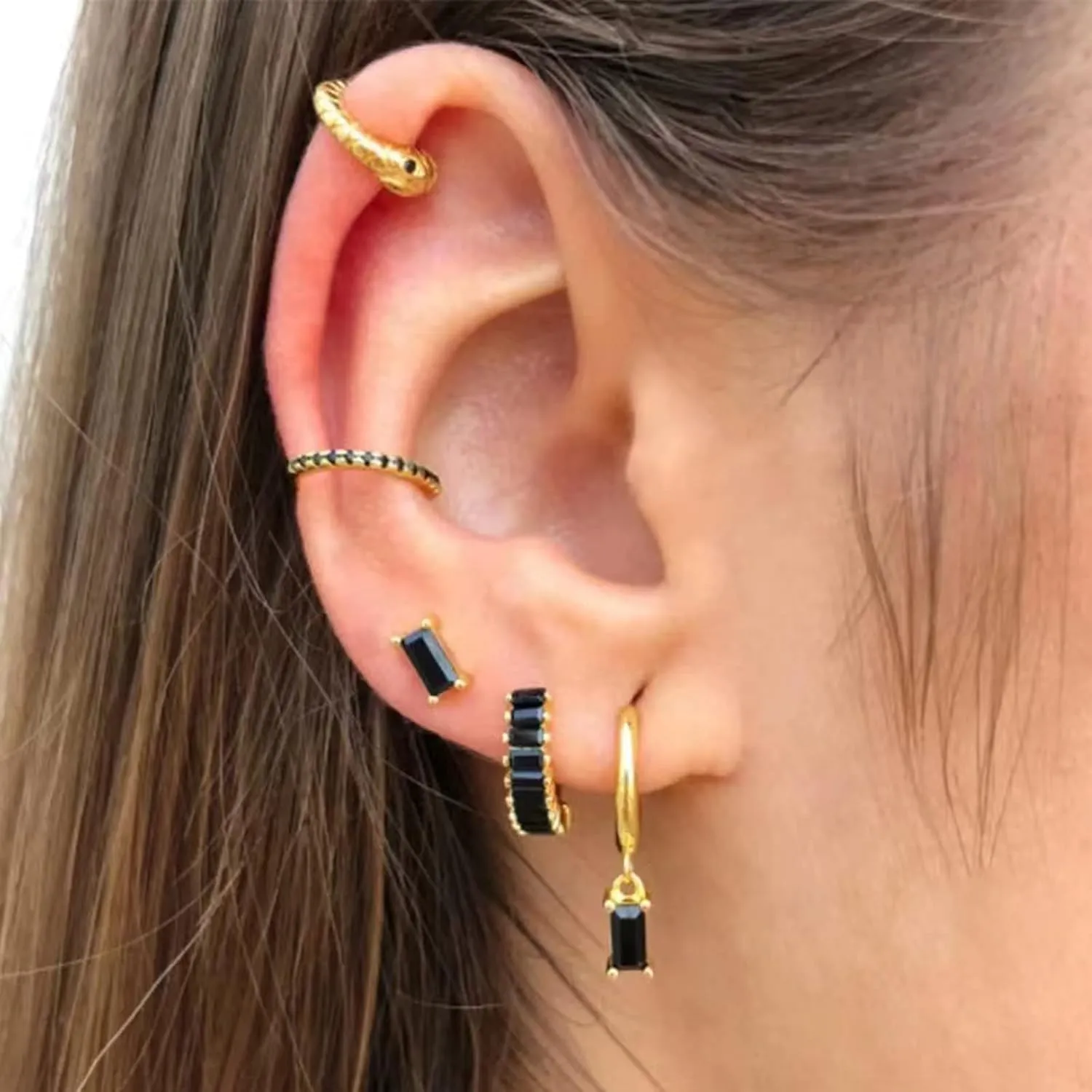Gold Hoop Earrings With Green Drop, Huggie Hoops For Women & Men - 14K Gold, Hypoallergenic - 2PCS