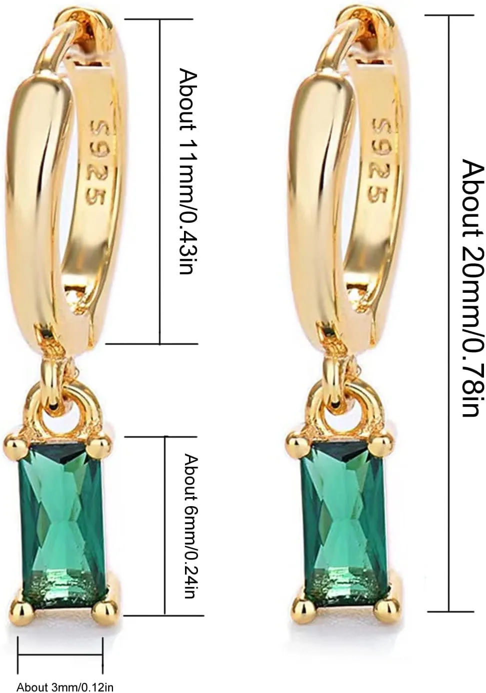 Gold Hoop Earrings With Green Drop, Huggie Hoops For Women & Men - 14K Gold, Hypoallergenic - 2PCS