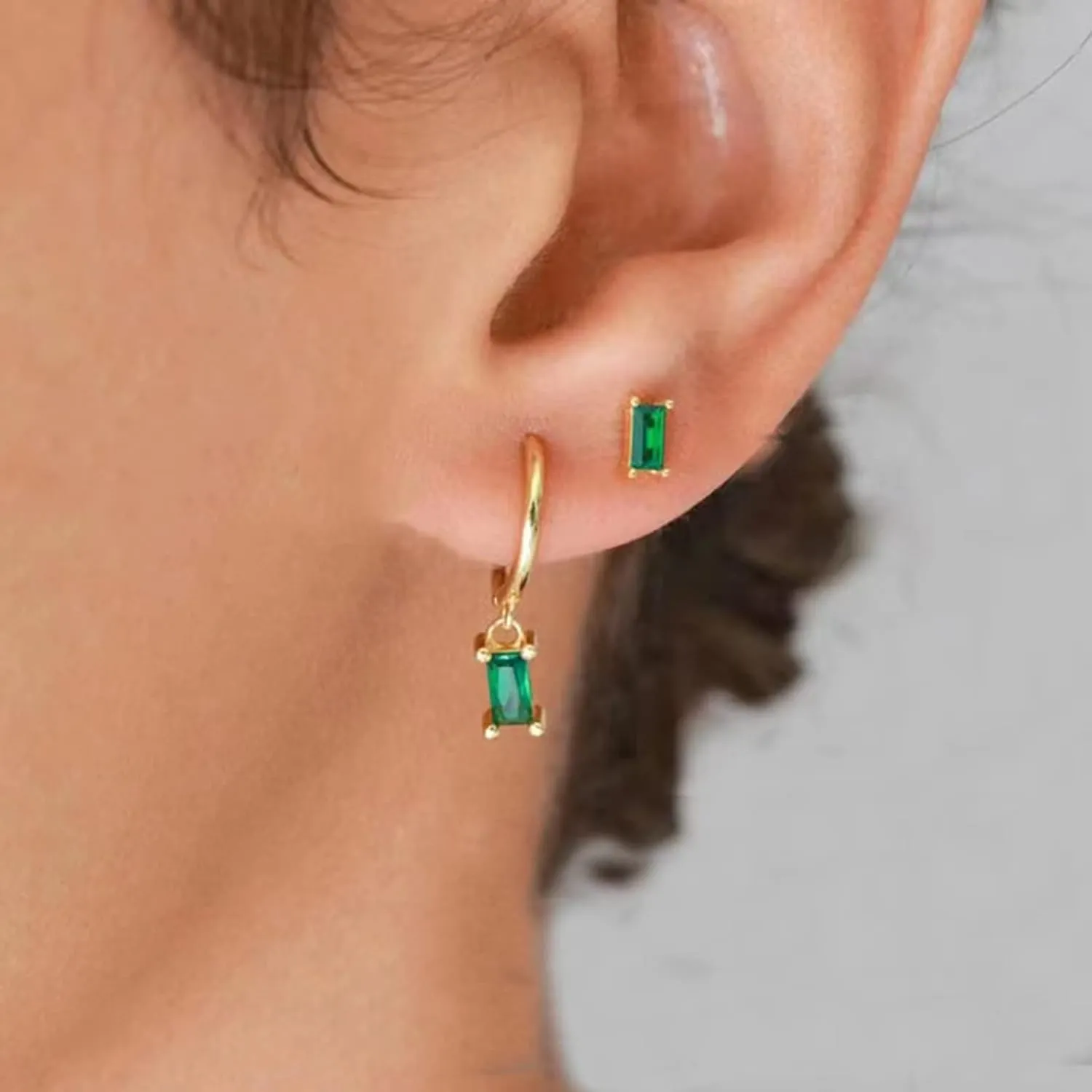 Gold Hoop Earrings With Green Drop, Huggie Hoops For Women & Men - 14K Gold, Hypoallergenic - 2PCS