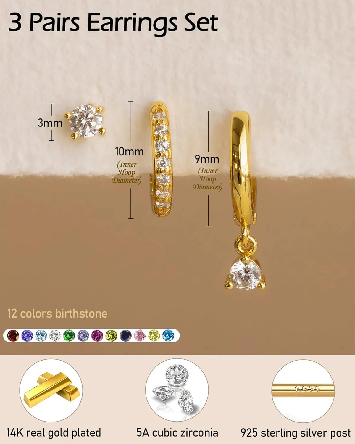 Gold Huggie Hoop Earrings Set Small 14K Gold Plated Cute Dainty Birthstone Earrings Stack Hypoallergenic 925 Sterling Silver Post CZ Diamond Cartilage Stud Dangle Earrings Trendy Earrings for Sensitive Ears Women