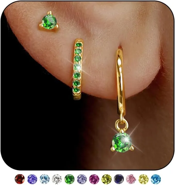 Gold Huggie Hoop Earrings Set Small 14K Gold Plated Cute Dainty Birthstone Earrings Stack Hypoallergenic 925 Sterling Silver Post CZ Diamond Cartilage Stud Dangle Earrings Trendy Earrings for Sensitive Ears Women