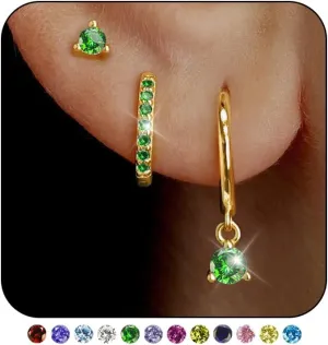 Gold Huggie Hoop Earrings Set Small 14K Gold Plated Cute Dainty Birthstone Earrings Stack Hypoallergenic 925 Sterling Silver Post CZ Diamond Cartilage Stud Dangle Earrings Trendy Earrings for Sensitive Ears Women