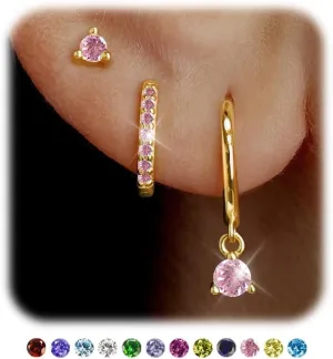 Gold Huggie Hoop Earrings Set Small 14K Gold Plated Cute Dainty Birthstone Earrings Stack Hypoallergenic 925 Sterling Silver Post CZ Diamond Cartilage Stud Dangle Earrings Trendy Earrings for Sensitive Ears Women