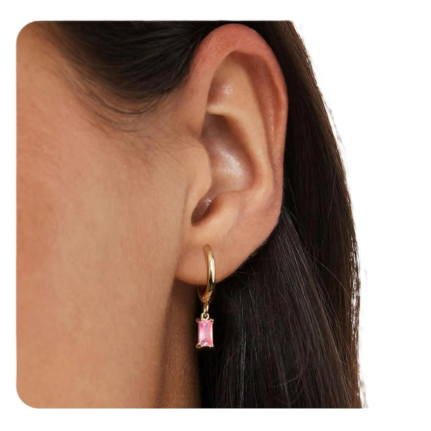 Gold Huggie Hoop Earrings with Small Pink Drop, Drop Earrings for Women, 14K Gold Plated Hypoallergenic Hoop Earrings Jewerly For Girls and Men (Pink-Gold)