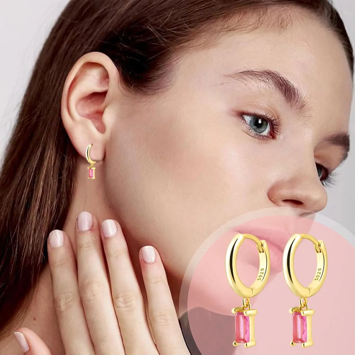 Gold Huggie Hoop Earrings with Small Pink Drop, Drop Earrings for Women, 14K Gold Plated Hypoallergenic Hoop Earrings Jewerly For Girls and Men (Pink-Gold)