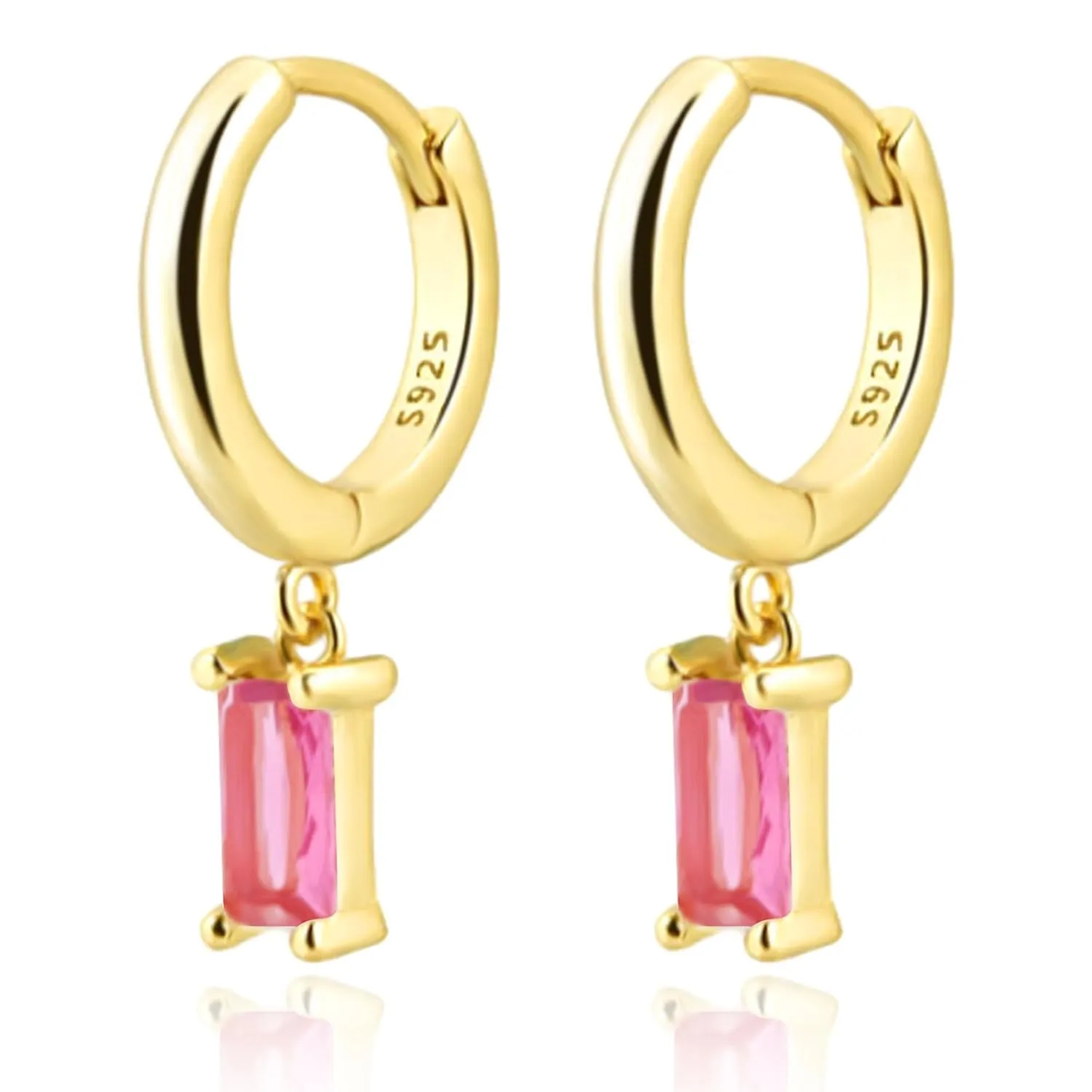 Gold Huggie Hoop Earrings with Small Pink Drop, Drop Earrings for Women, 14K Gold Plated Hypoallergenic Hoop Earrings Jewerly For Girls and Men (Pink-Gold)
