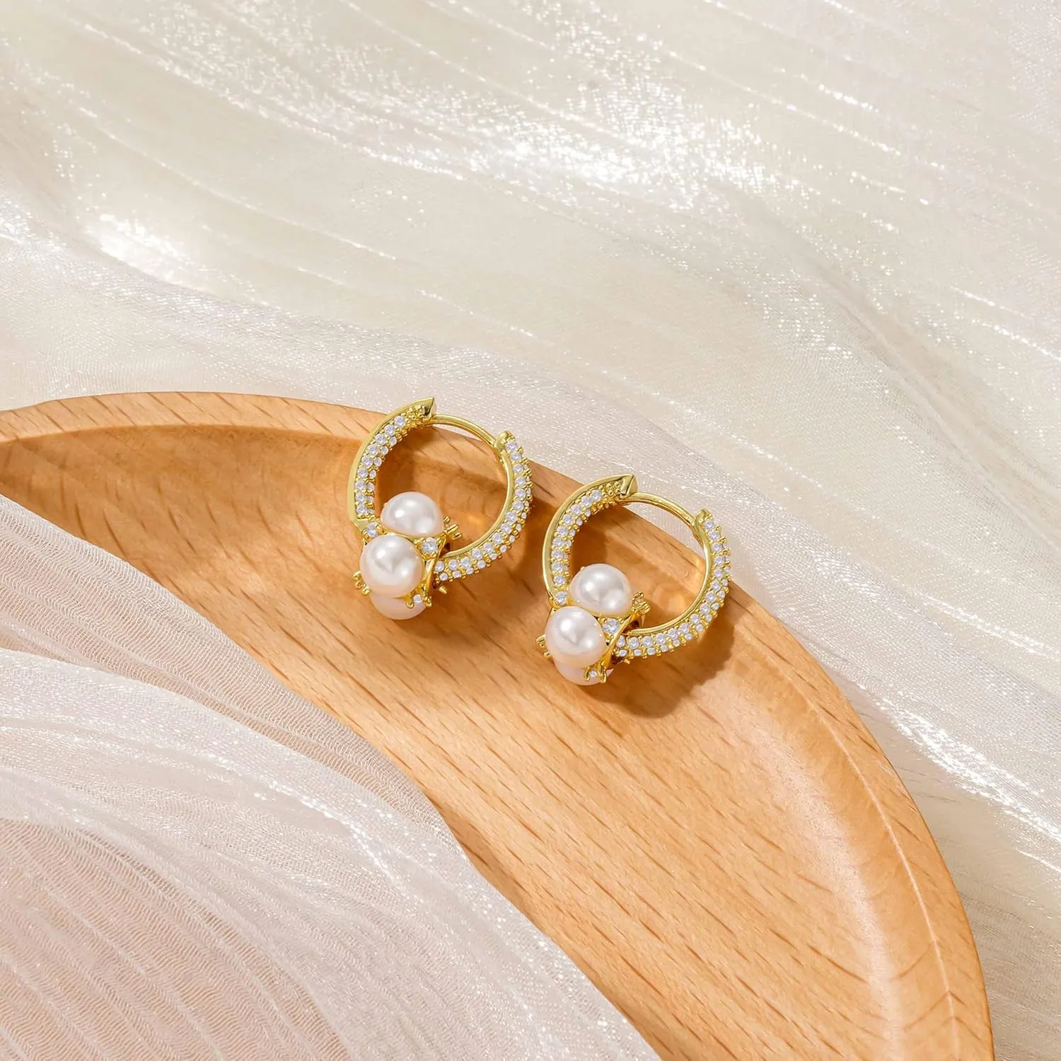 Gold Pearl Earrings for Women Trendy, 14K Gold Plated Dangle Drop Earrings Dainty Non Tarnish Cubic Zirconia Earrings Hanging Hypoallergenic Gold Jewelry for Women Romantic Valentines Gifts