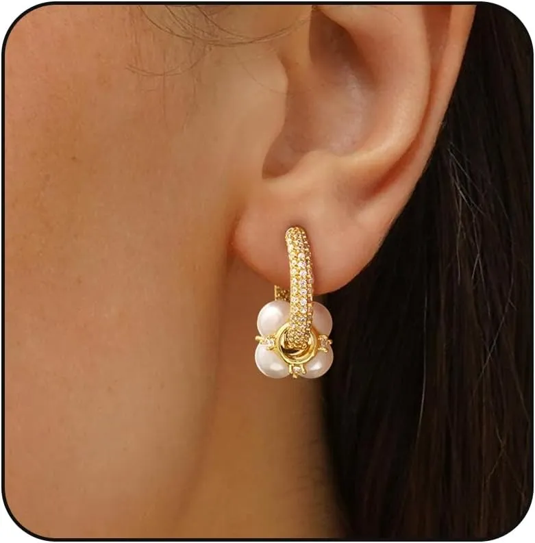 Gold Pearl Earrings for Women Trendy, 14K Gold Plated Dangle Drop Earrings Dainty Non Tarnish Cubic Zirconia Earrings Hanging Hypoallergenic Gold Jewelry for Women Romantic Valentines Gifts