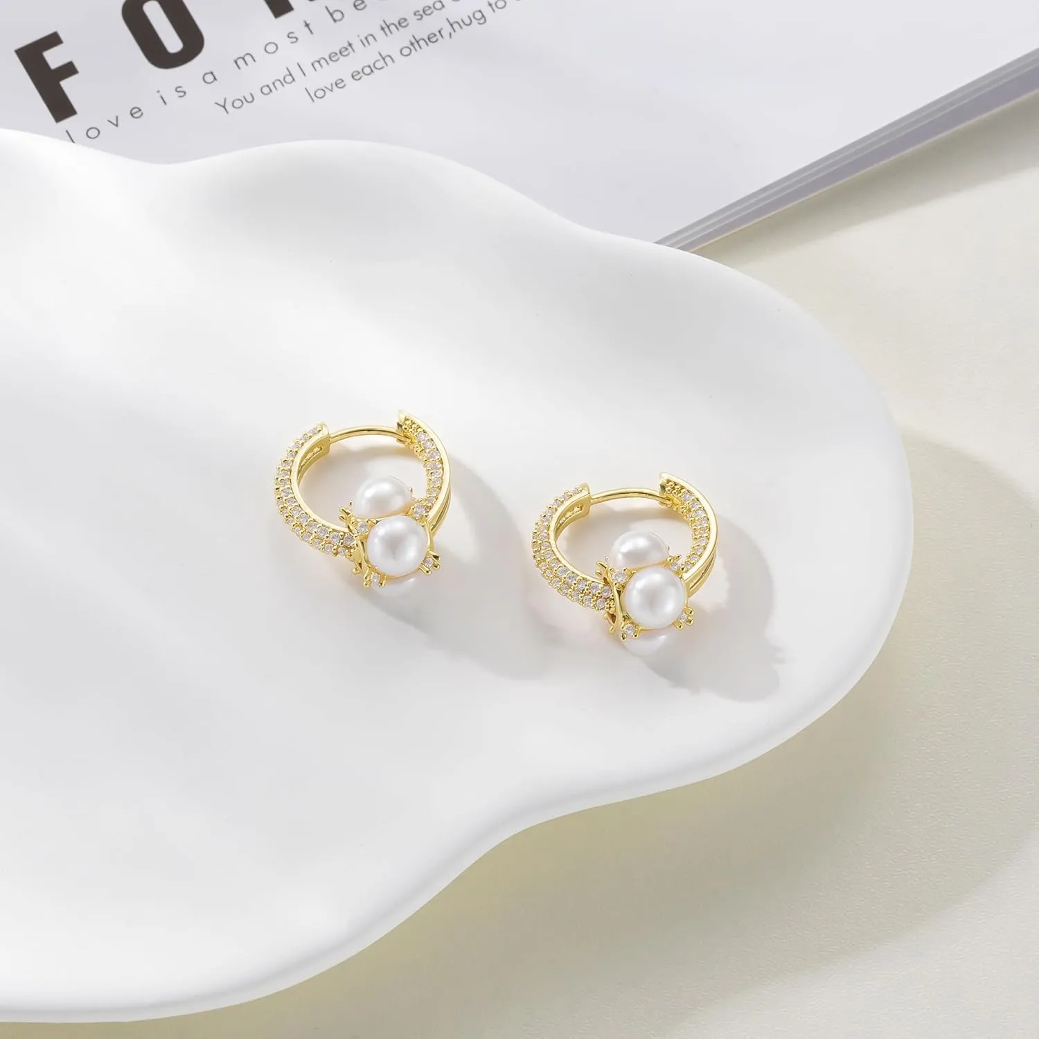 Gold Pearl Earrings for Women Trendy, 14K Gold Plated Dangle Drop Earrings Dainty Non Tarnish Cubic Zirconia Earrings Hanging Hypoallergenic Gold Jewelry for Women Romantic Valentines Gifts