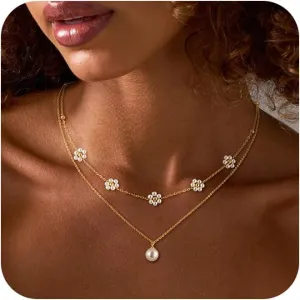 Gold Pearl Necklaces for Women, Layered 14K Gold Plated/Silver Pearl Necklace Set Trendy Layering Simple Pendant Choker Necklace Stack Fashion Jewelry