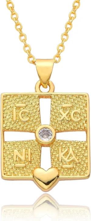 Gold Plated Christogram Symbol Orthodox IC XC NIKA Cross Square Necklace with Pendant Byzantine St. Helen Constantine Jesus Christ Conquers Medal Charms Exquisite Eastern Orthodox Jewelry Gifts for Women Men Friends