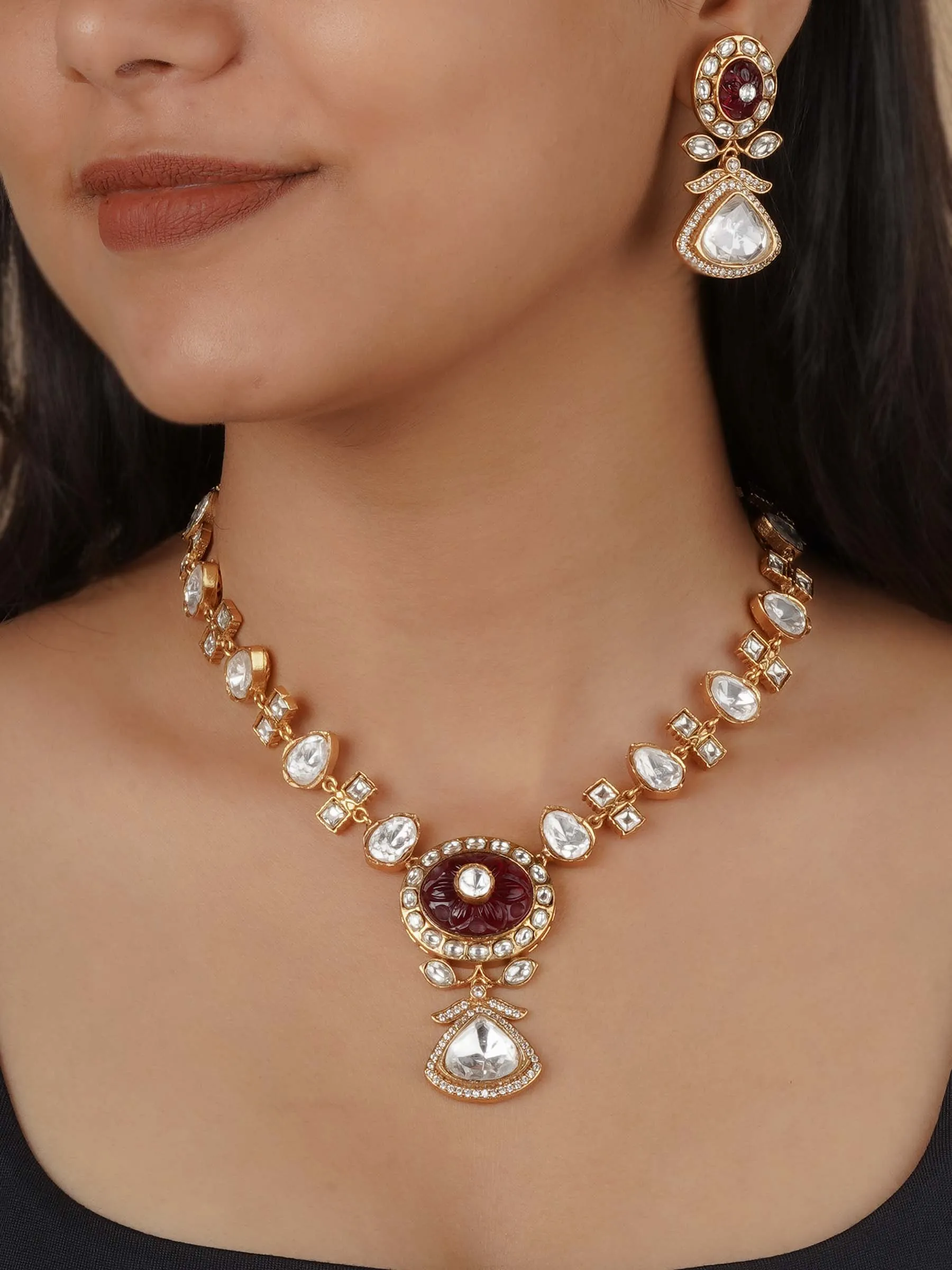 Gold Plated Faux Polki Necklace Set - PK-S269