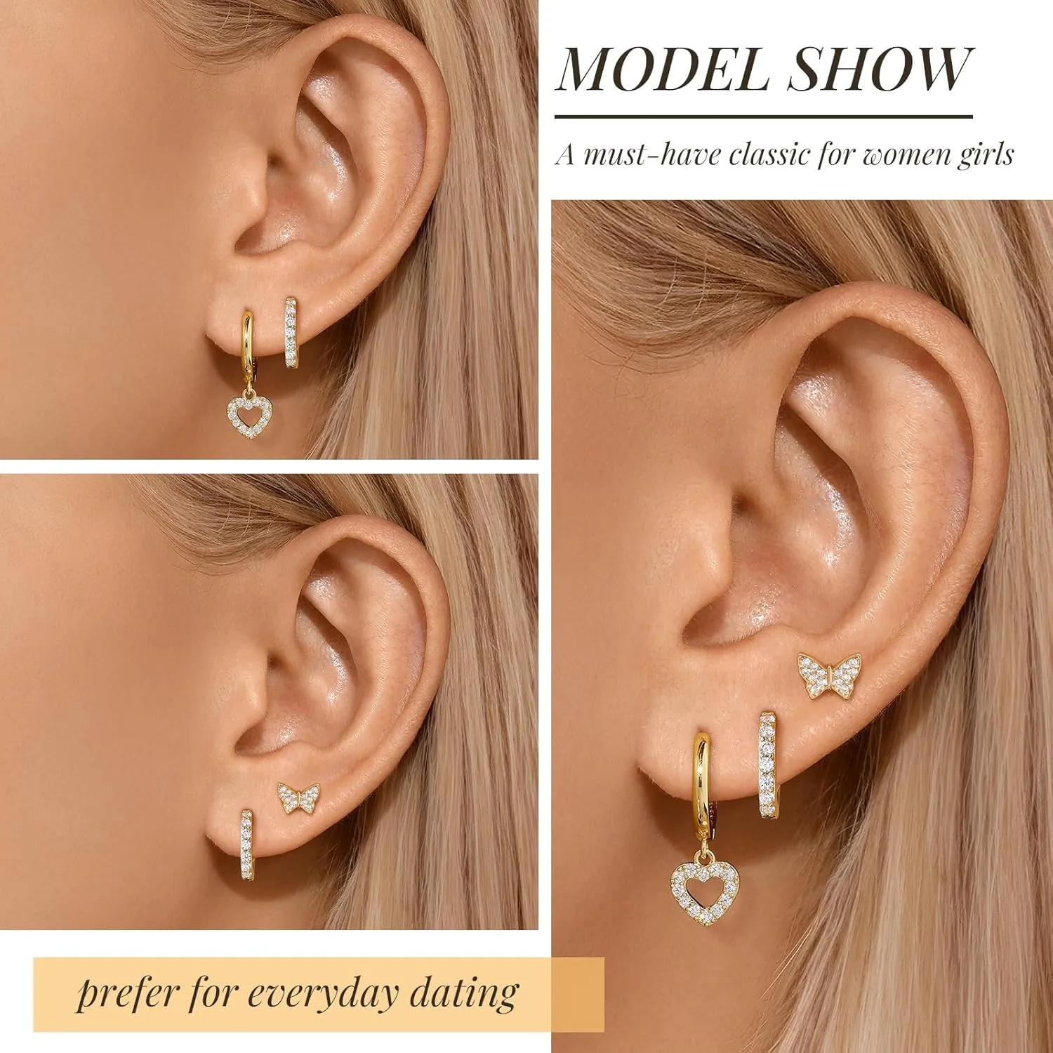 Gold Plated Hoop Earrings Set for Women, Dainty Gold Heart Flower Bow Earrings Jewelry, Trendy Dangle Earring Stacks for Multiple Piercings