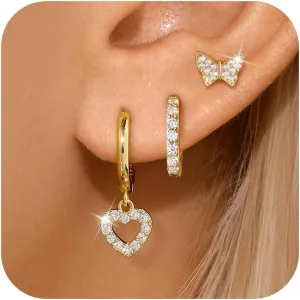 Gold Plated Hoop Earrings Set for Women, Dainty Gold Heart Flower Bow Earrings Jewelry, Trendy Dangle Earring Stacks for Multiple Piercings