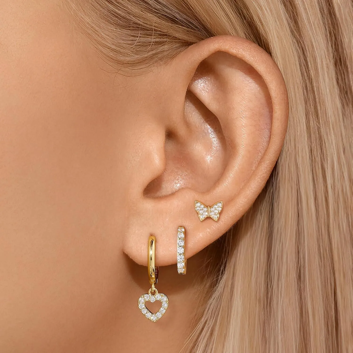 Gold Plated Hoop Earrings Set for Women, Dainty Gold Heart Flower Bow Earrings Jewelry, Trendy Dangle Earring Stacks for Multiple Piercings