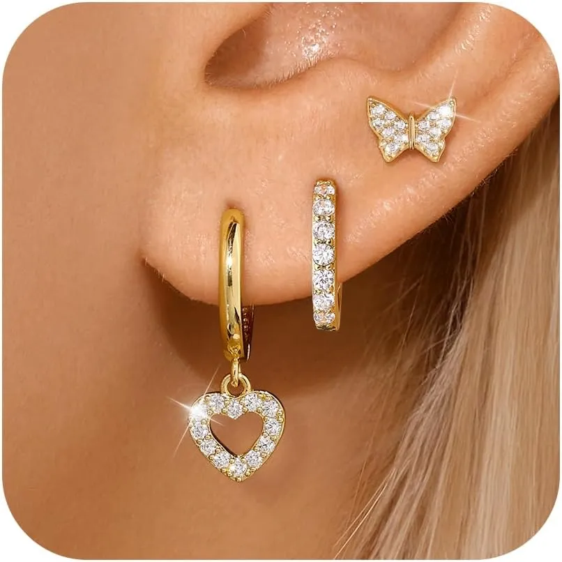 Gold Plated Hoop Earrings Set for Women, Dainty Gold Heart Flower Bow Earrings Jewelry, Trendy Dangle Earring Stacks for Multiple Piercings