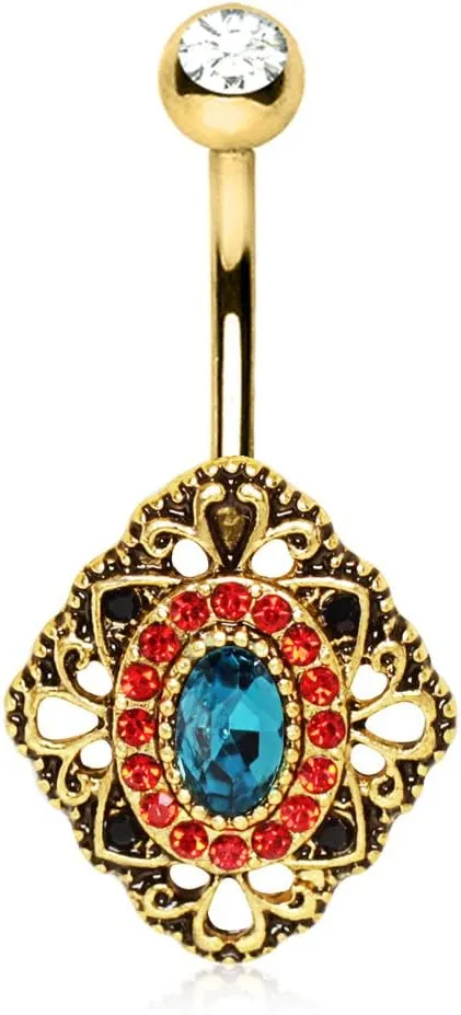 Gold Plated Ornate Rhombus Shape Navel Ring 14GA 3/8"