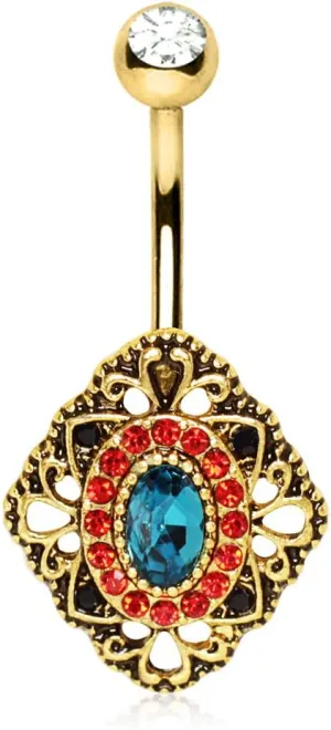 Gold Plated Ornate Rhombus Shape Navel Ring 14GA 3/8"