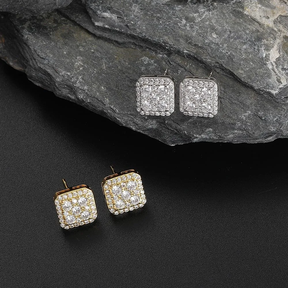 Gold Plated Square Screw Back Stud Earrings CZ Iced Out Earing Studs for Men Women