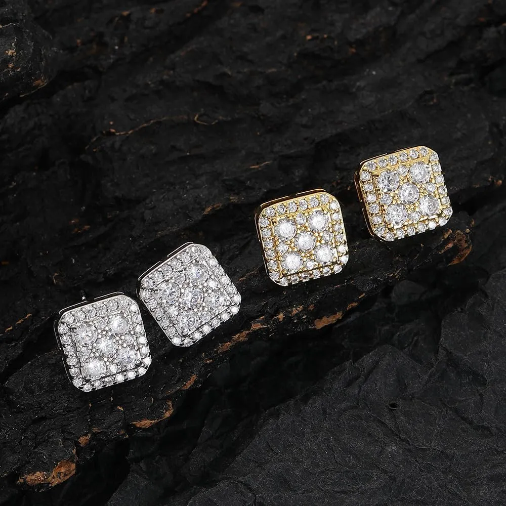 Gold Plated Square Screw Back Stud Earrings CZ Iced Out Earing Studs for Men Women