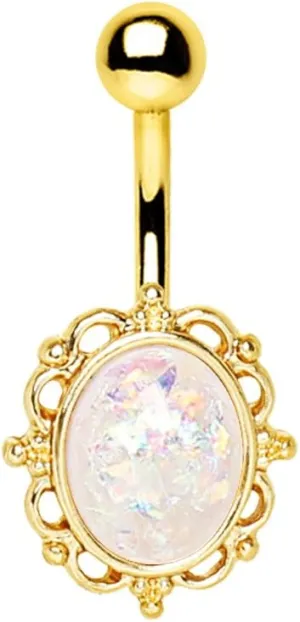 Gold Plated White Synthetic Opal Ornate Charm Belly Button Navel Ring