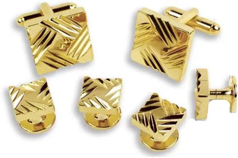 Gold Square with Grooved Diamond Detail Cufflinks and Studs