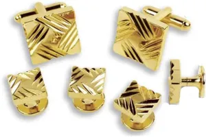 Gold Square with Grooved Diamond Detail Cufflinks and Studs