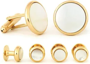 Gold Tone Radius Edge Mother of Pearl Cuff Links & Studs Set