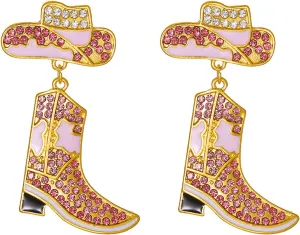 Gold Vintage Enamel Western Cowgirl Shoes Boots Hats Crystal Earrings,Cowgboy Drop Dangle Earring for Women Cowgirl Statement Earrings Trendy Jewelry