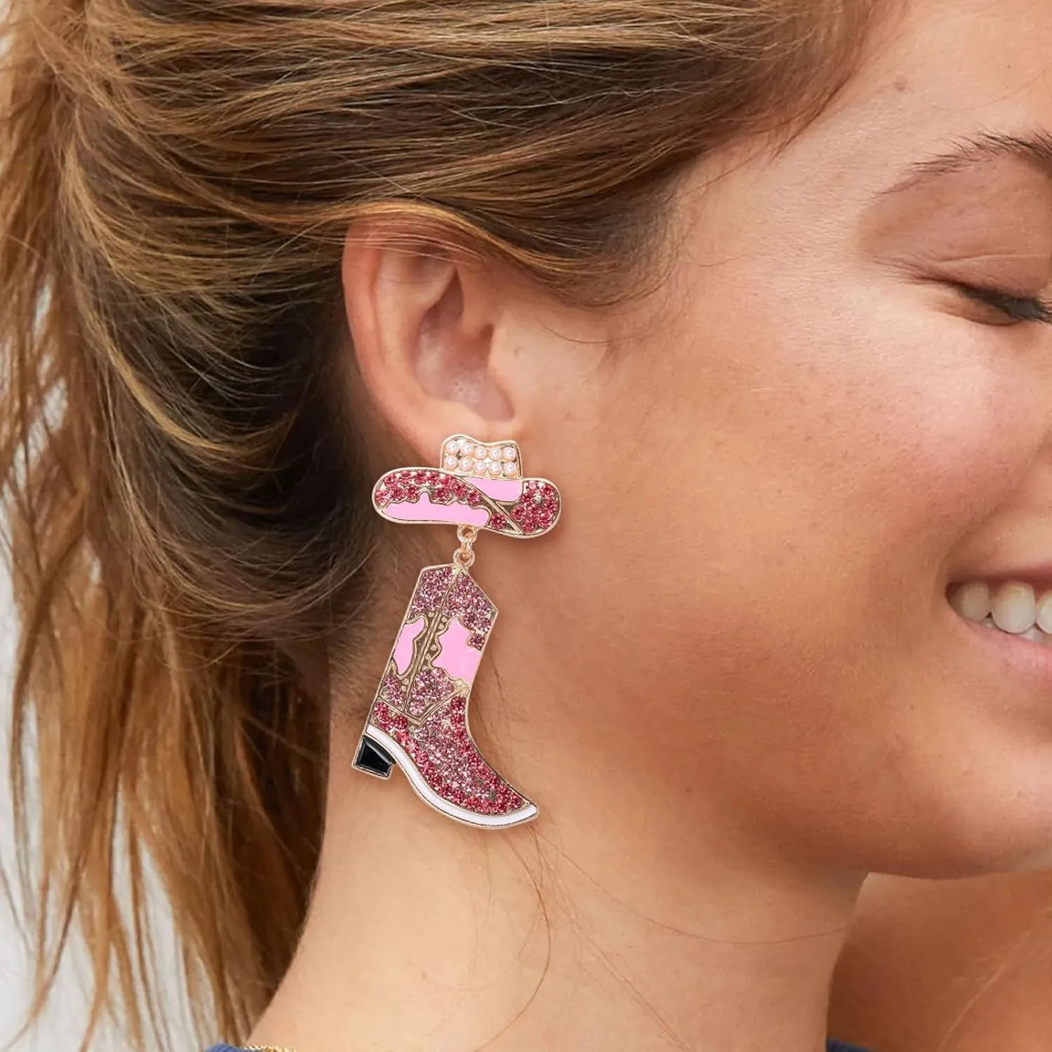 Gold Vintage Enamel Western Cowgirl Shoes Boots Hats Crystal Earrings,Cowgboy Drop Dangle Earring for Women Cowgirl Statement Earrings Trendy Jewelry