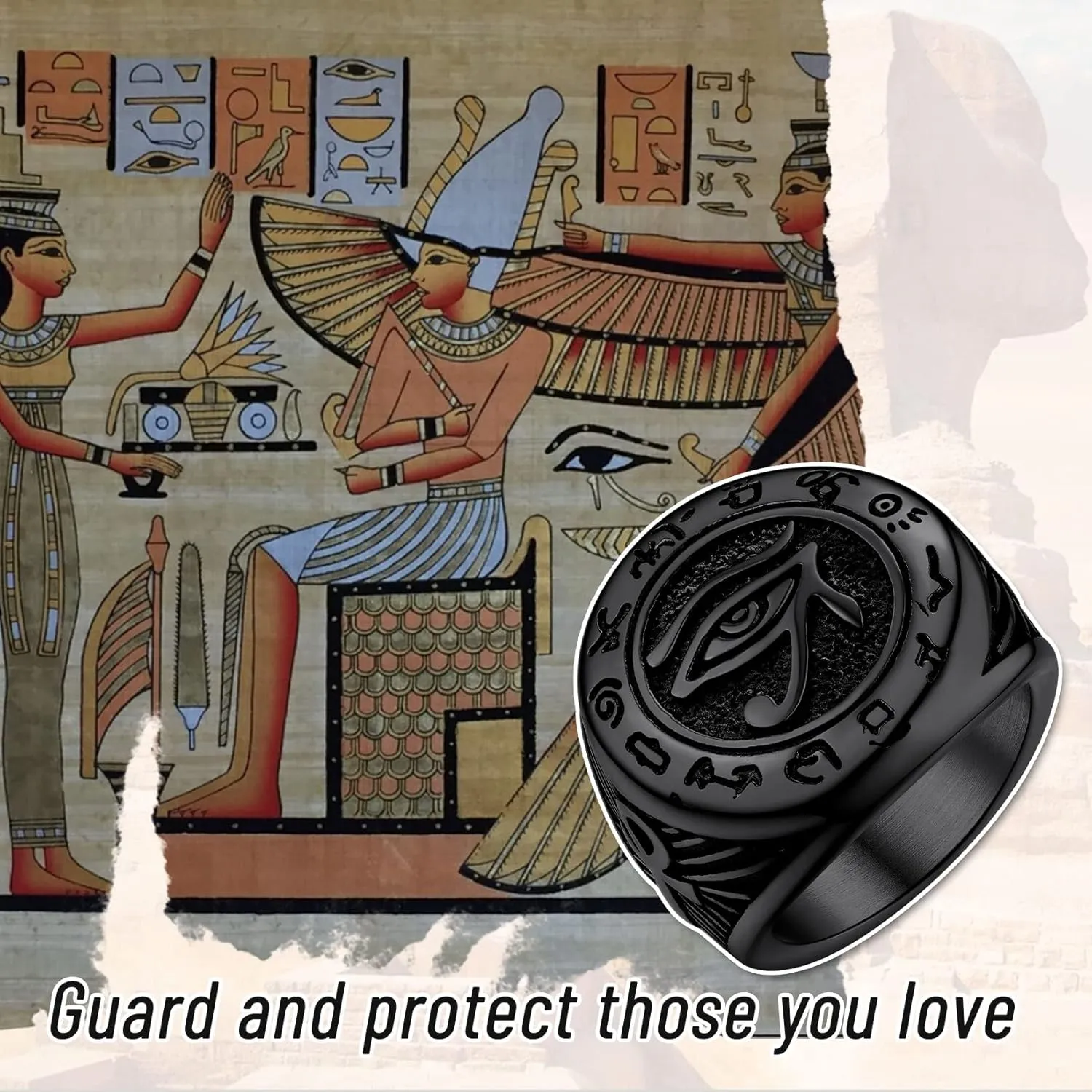 GOLDCHIC JEWELRY Eyes of Horus Ring for Men Women, Stainless Steel Ankh Ring, Ancient Egyptians Symbol Wadjet Eye Protection Ring Protection Jewelry