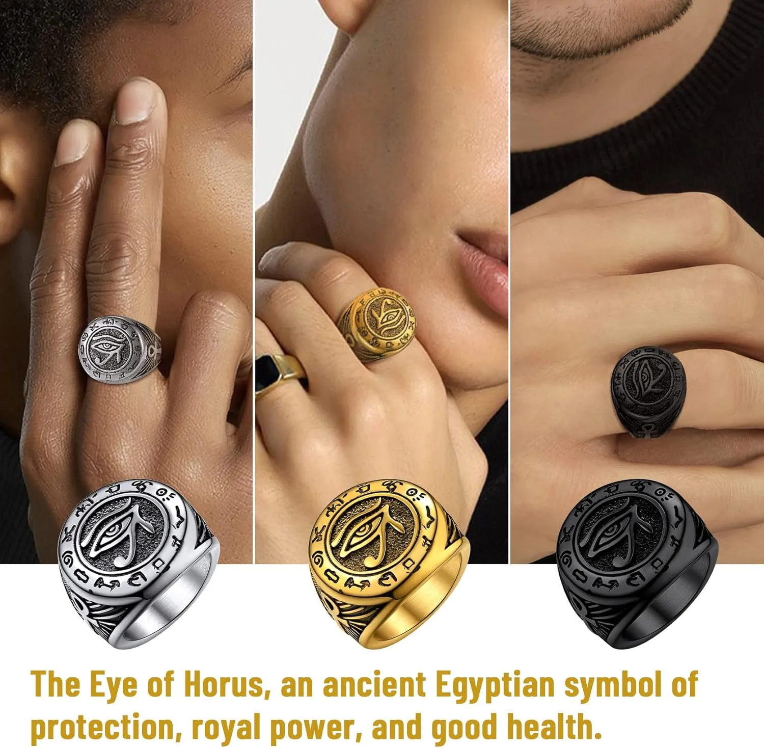 GOLDCHIC JEWELRY Eyes of Horus Ring for Men Women, Stainless Steel Ankh Ring, Ancient Egyptians Symbol Wadjet Eye Protection Ring Protection Jewelry